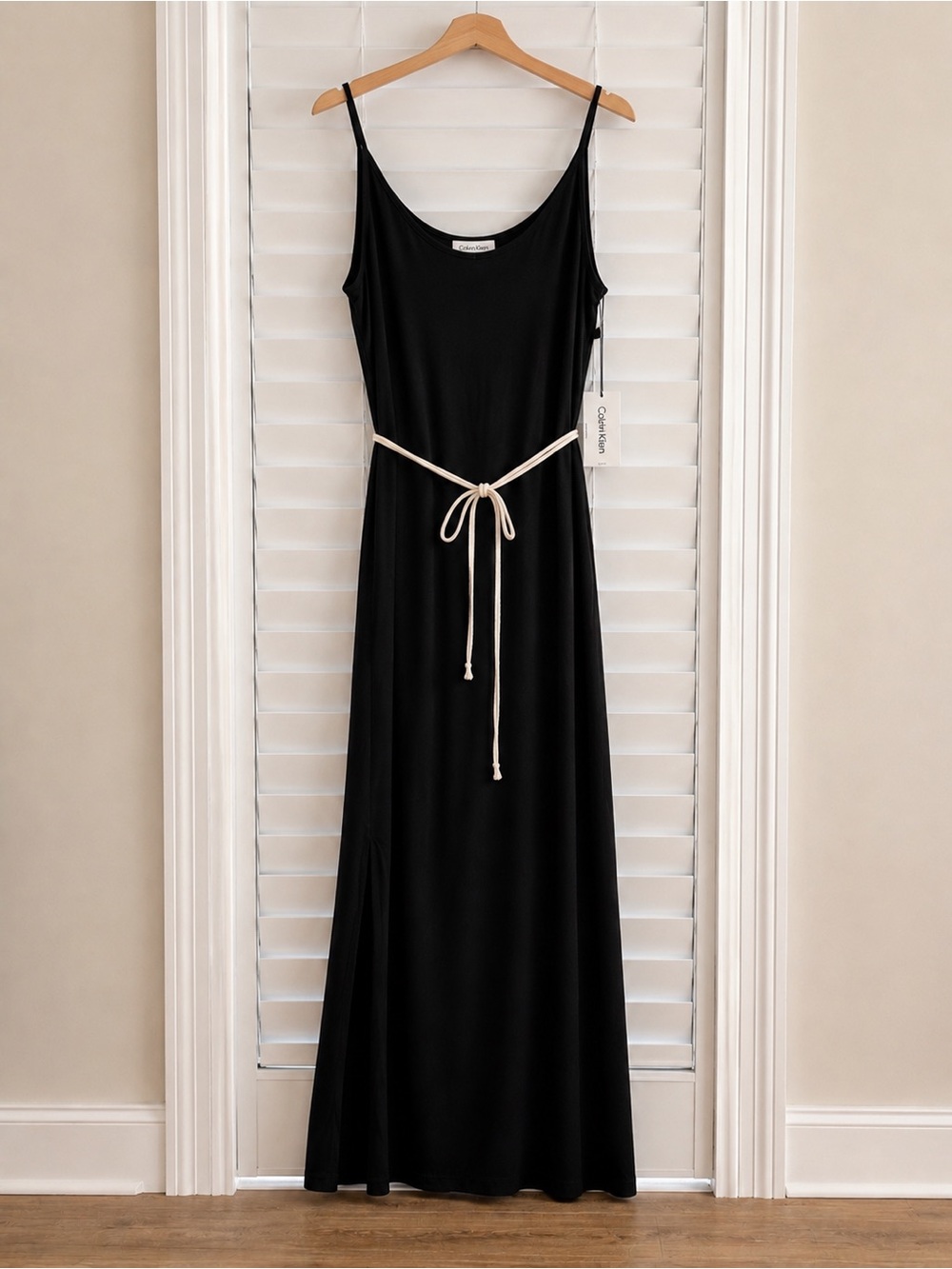 Calvin Klein Black Maxi Dress Side Slit Tie Waist Sleeveless Minimal Chic